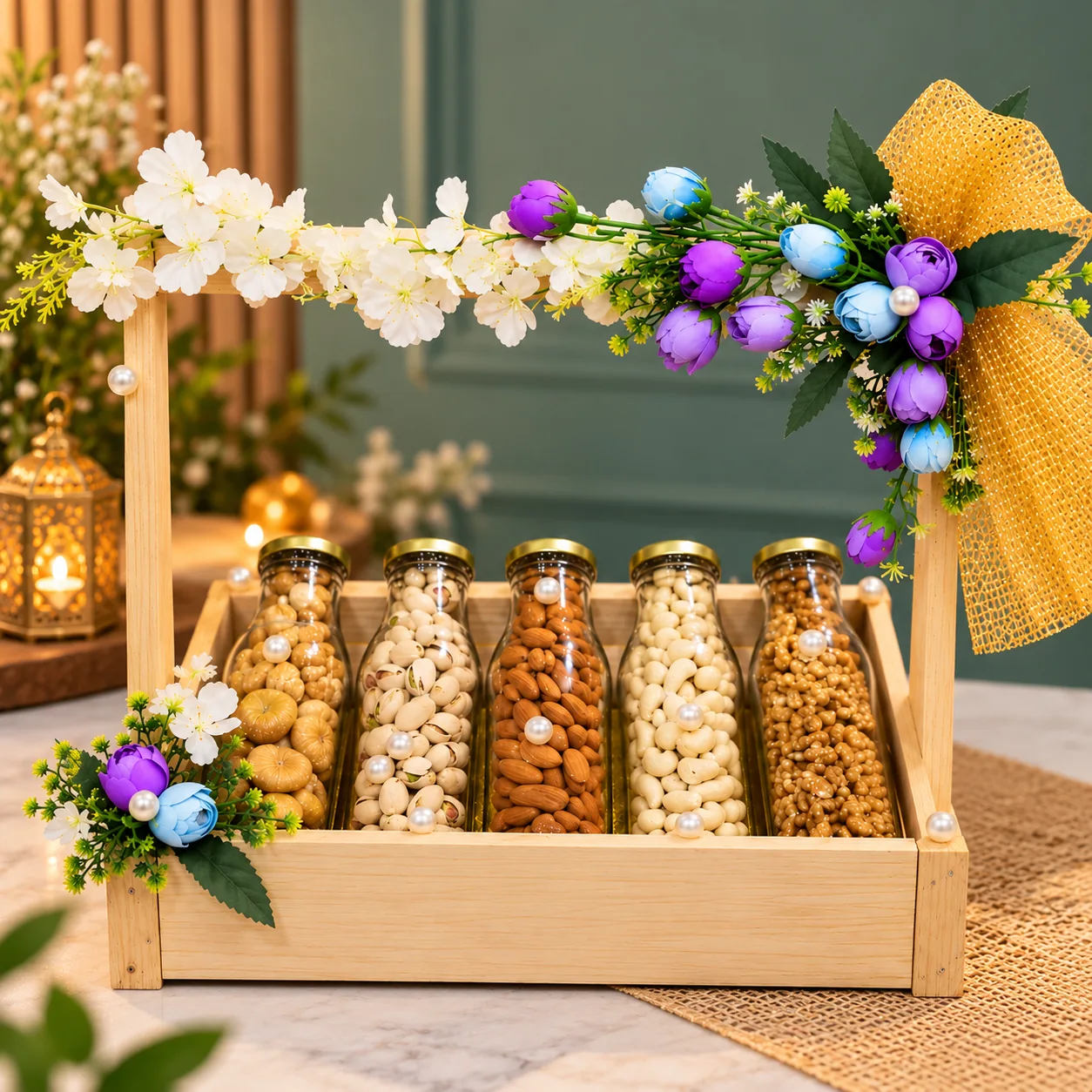 Floral wooden gift hamper with five jars of premium dry fruits